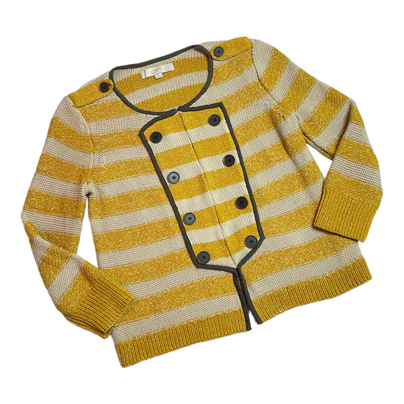 LOFT Mustard Yellow and Cream Striped Military Style Cardigan Women’s Size Small - Picture 1 of 8